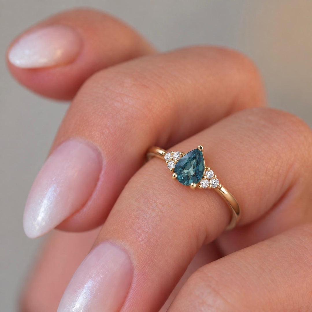 Pear Cut Teal Montana Sapphire and Diamond Engagement Ring in 14K Gold Natural Blue Green Sapphire Ring