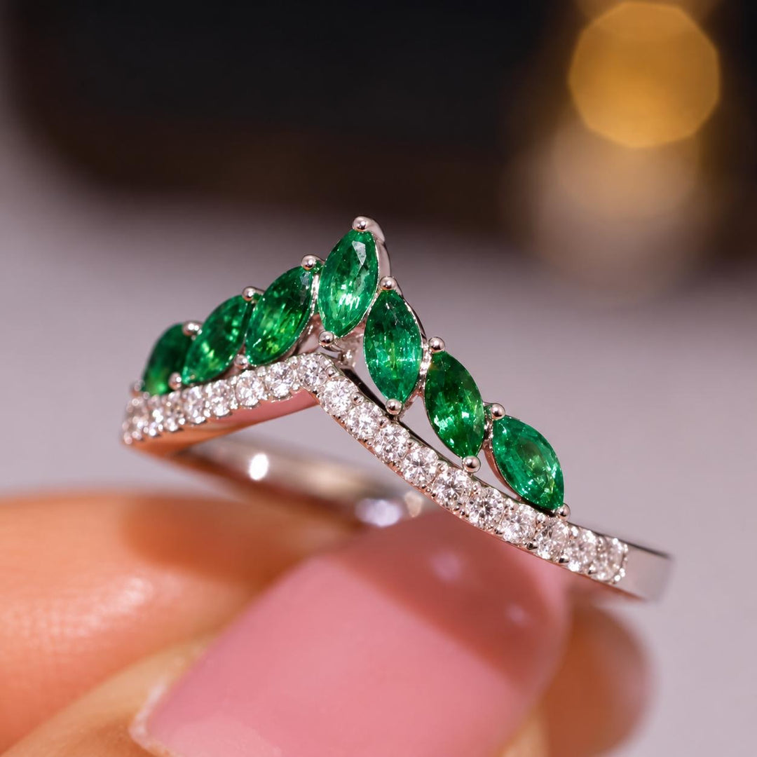 Natural Emerald and Diamond Contour Wedding Band in 18K Gold Marquise Emerald Curved Wedding Ring