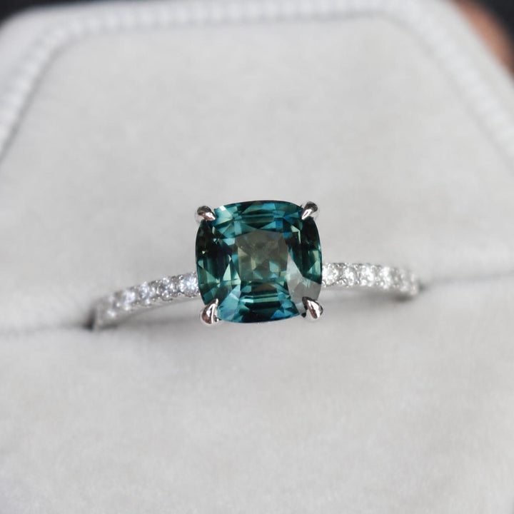 Cushion Cut Bi Color Sapphire Hidden Halo Engagement Ring in 14K Gold