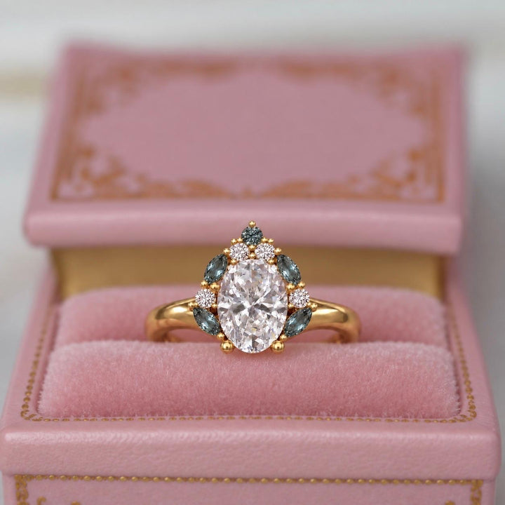 Oval Lab Grown Diamond and Greyish Green Sapphire Engagement Ring in 14K Gold Unique Diamond Cluster Ring