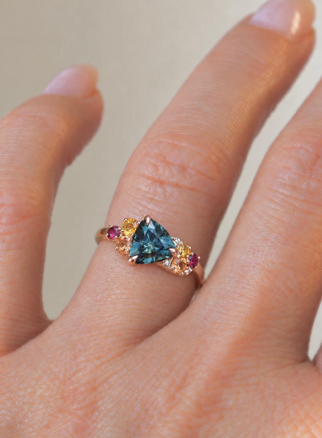 Trillion Cut Blue Green Montana Sapphire Multi Stone Cluster Engagement Ring in 14K Gold