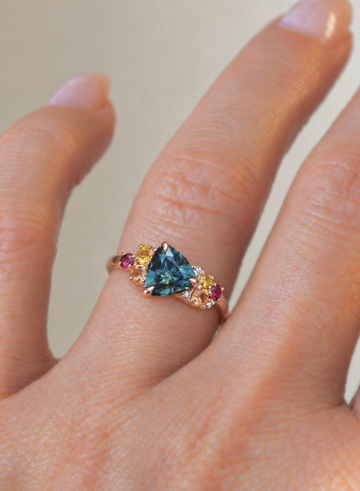 Trillion Cut Blue Green Montana Sapphire Multi Stone Cluster Engagement Ring in 14K Gold
