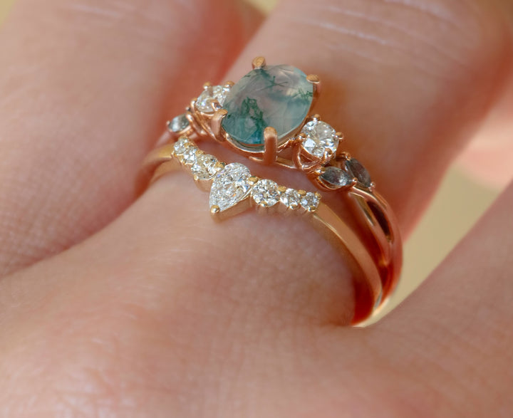 Nature Inspired Moss Agate Engagement Ring w/ Diamonds and Marquise Green Sapphires 14K Gold