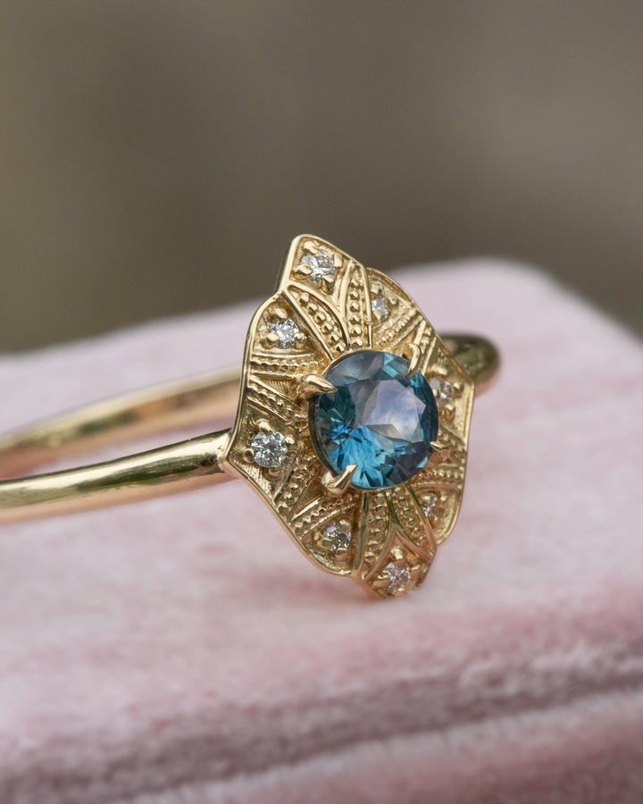 Art Deco Montana Sapphire Ring 14K Gold,Art Deco Engagement Ring Vintage,Teal Sapphire Engagement Ring