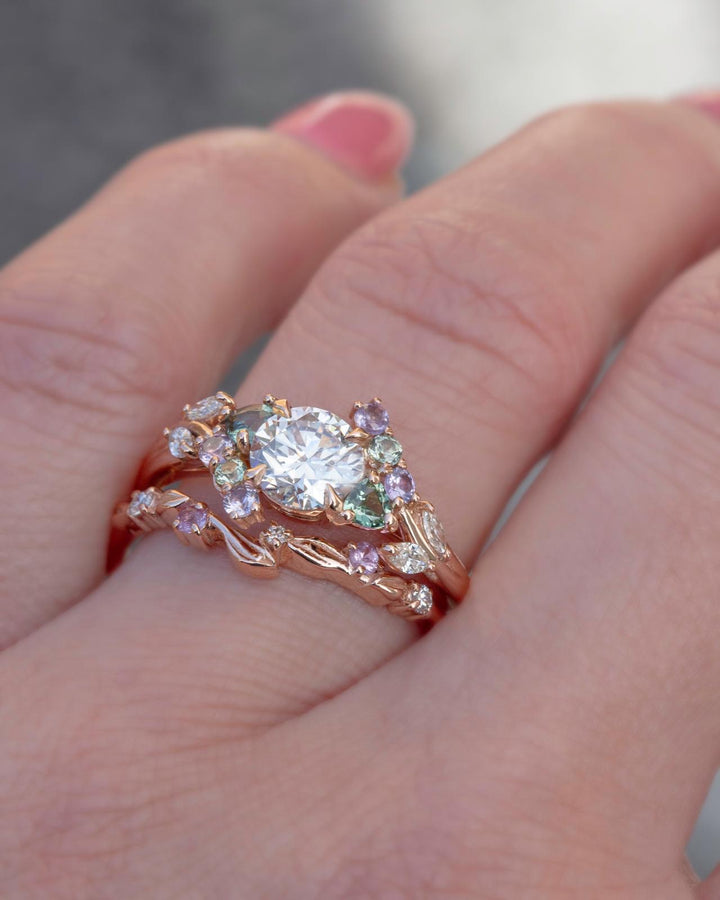 Nature Inspired Leaf Wedding Band w/ Pink Sapphires and Diamonds 14K Gold