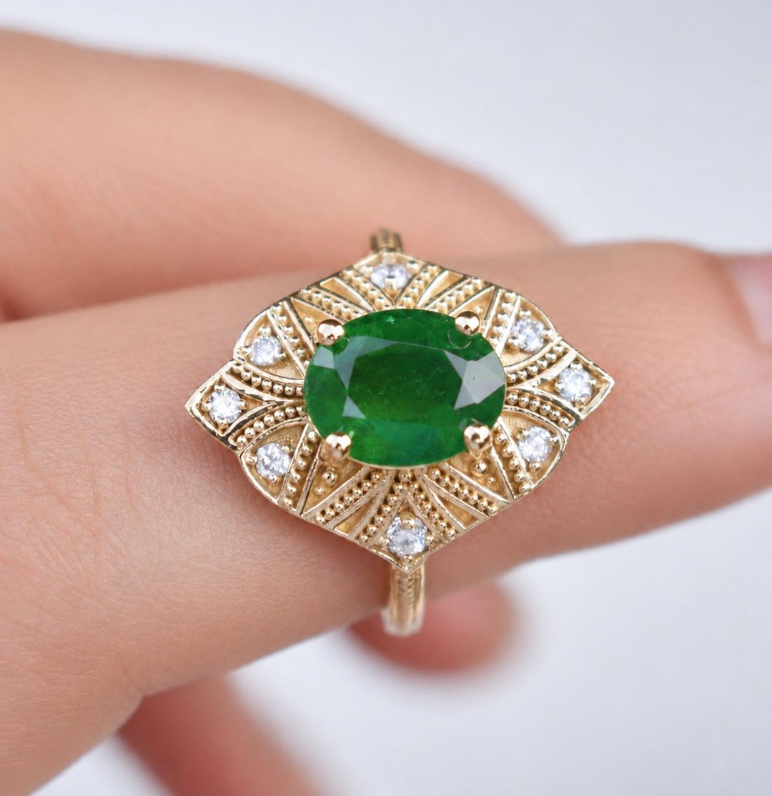 Art Deco Oval Cut Emerald Engagement Ring with Diamonds and Milgrain Shank in 14K Gold