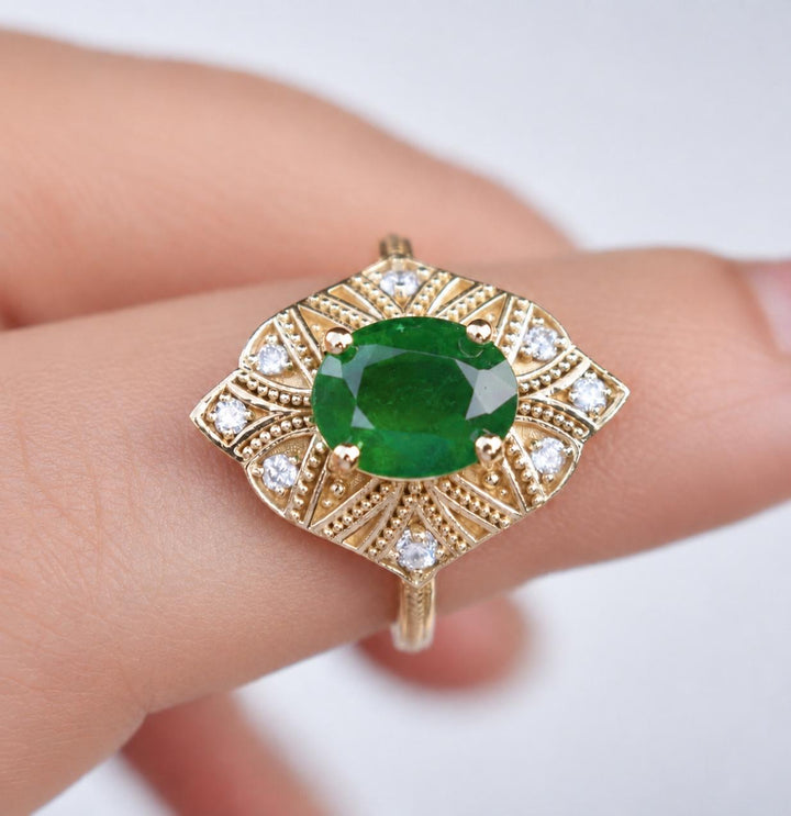 Art Deco Oval Cut Emerald Engagement Ring with Diamonds and Milgrain Shank in 14K Gold