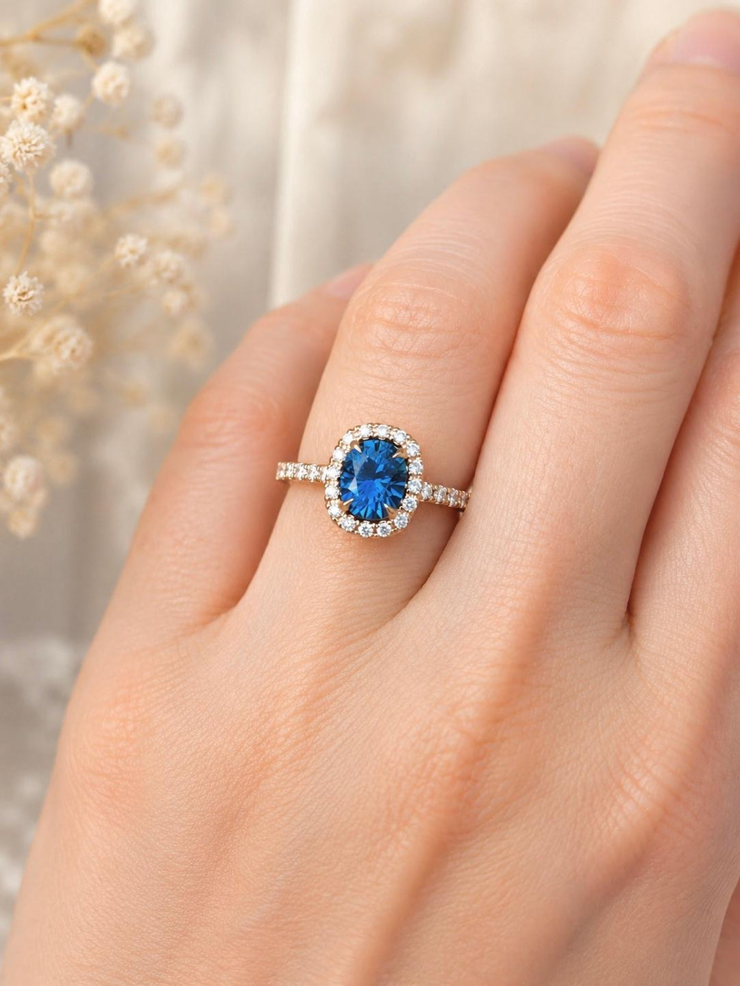 Blue Green Oval Montana Sapphire and Diamond Halo Engagement Ring in 14K Gold