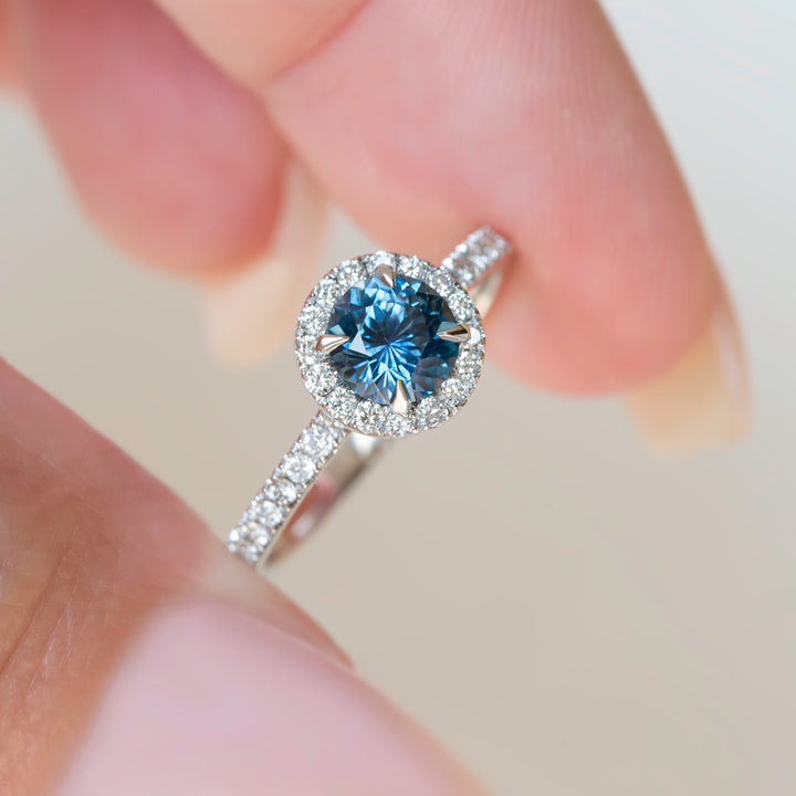 Montana Sapphire Ring With Diamonds, Montana Sapphire Engagement Ring, Montana Sapphire and Diamond Halo Engagement Ring
