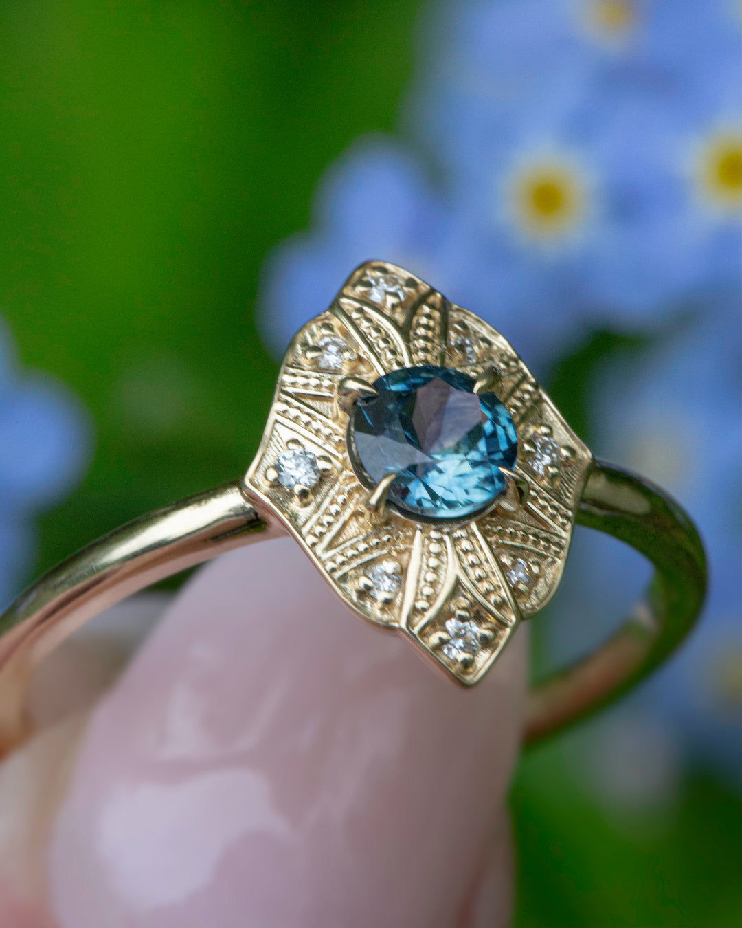 Art Deco Montana Sapphire Ring 14K Gold,Art Deco Engagement Ring Vintage,Teal Sapphire Engagement Ring