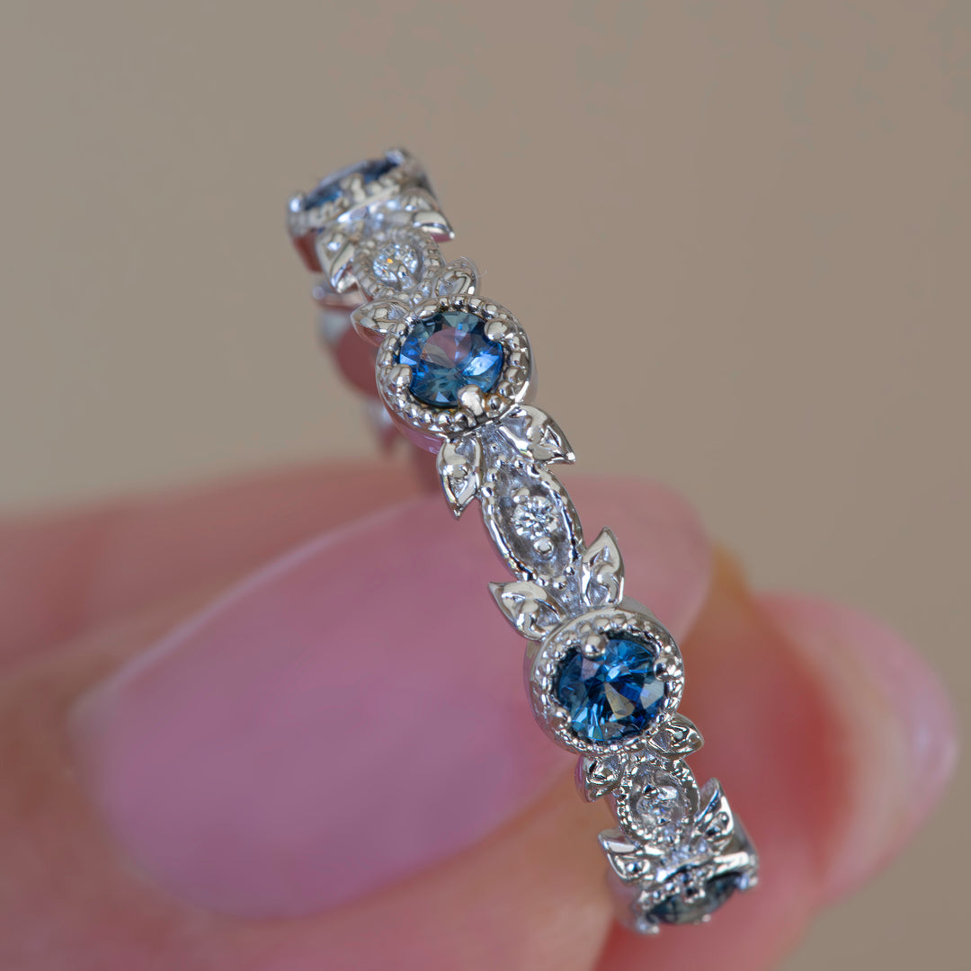 Nature Inspired Montana Sapphire Wedding Band – Teal Blue Sapphire and Diamond Leaf Ring in 14K Gold