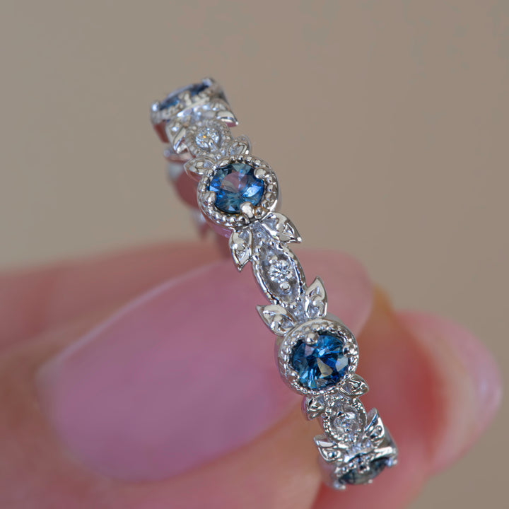 Nature Inspired Montana Sapphire Wedding Band – Teal Blue Sapphire and Diamond Leaf Ring in 14K Gold