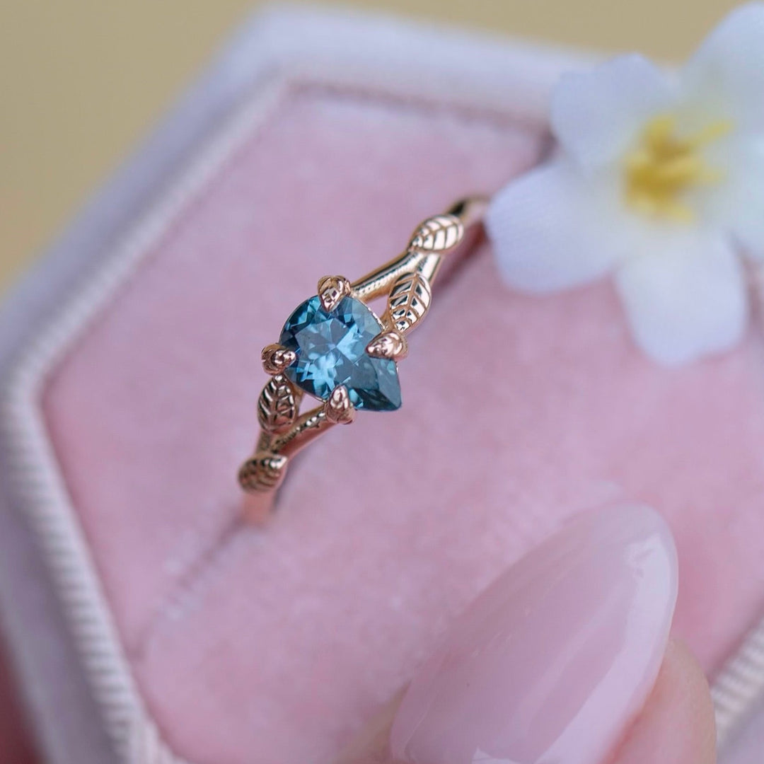 Leaf Engagement Ring with Teal Montana Sapphire 14K Gold