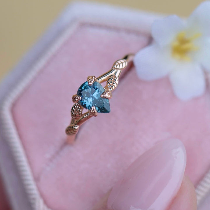 Leaf Engagement Ring with Teal Montana Sapphire 14K Gold