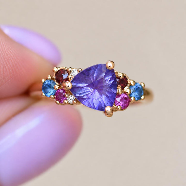 Trillion Cut Purple Sapphire Multi Stone Cluster Engagement Ring in 14K Gold