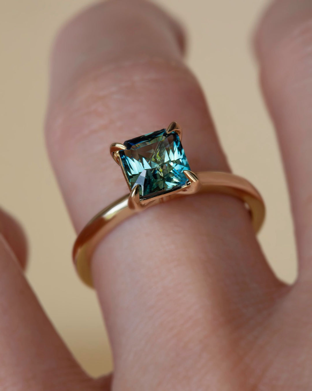 Amara Engagement Ring Set w/Green Emerald Cut Sapphire and Yellow Sapphire Milgrain Wedding Band 14K Gold