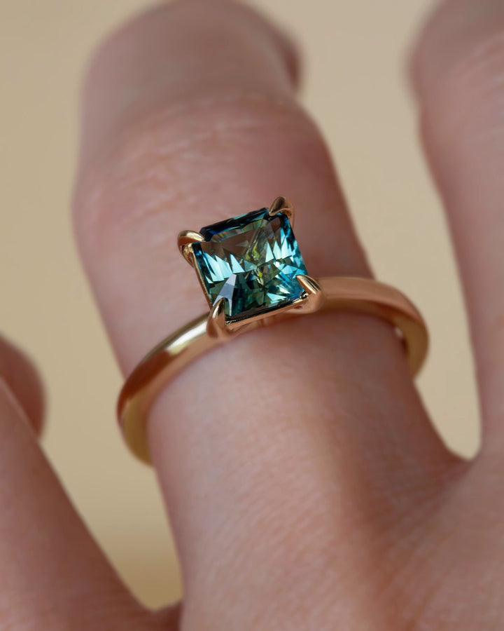Amara Engagement Ring Set w/Green Emerald Cut Sapphire and Yellow Sapphire Milgrain Wedding Band 14K Gold