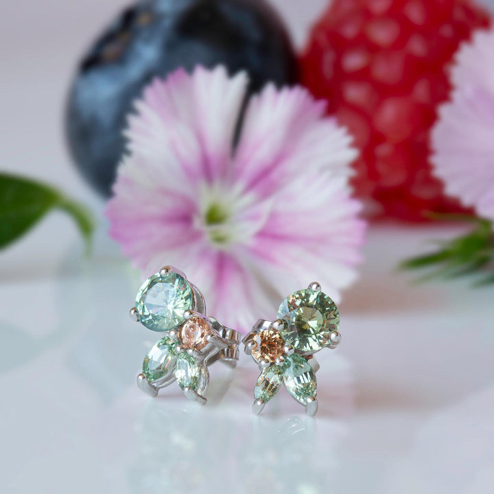 Floral Cluster Earrings with Mint Green Sapphire and Padparadscha Accents 14K Gold