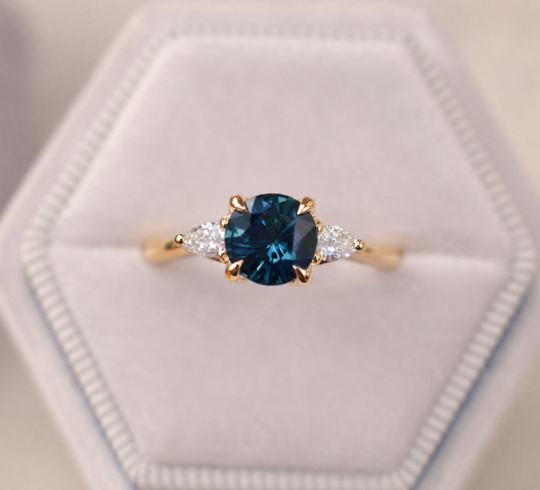 Three Stone Engagement Ring with Round Cut Teal Sapphire & Pear Cut Diamonds in 14K Gold