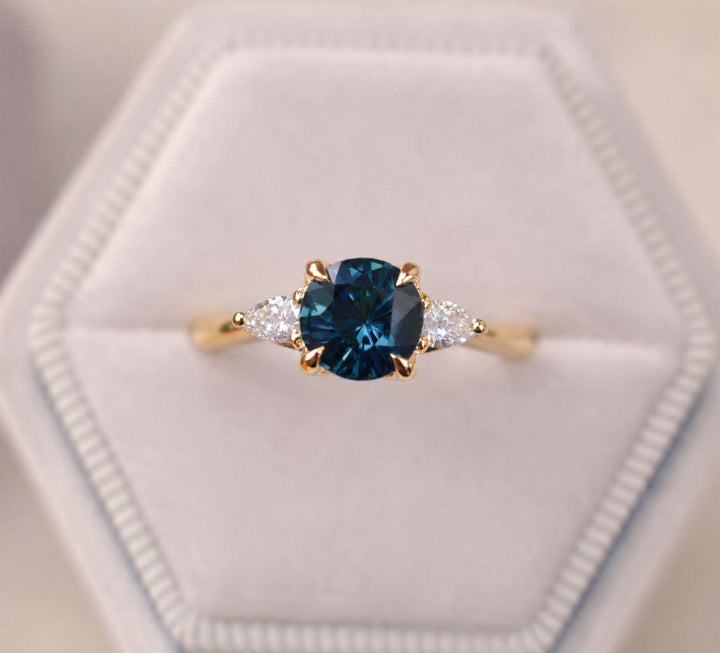Three Stone Engagement Ring with Round Cut Teal Sapphire & Pear Cut Diamonds in 14K Gold