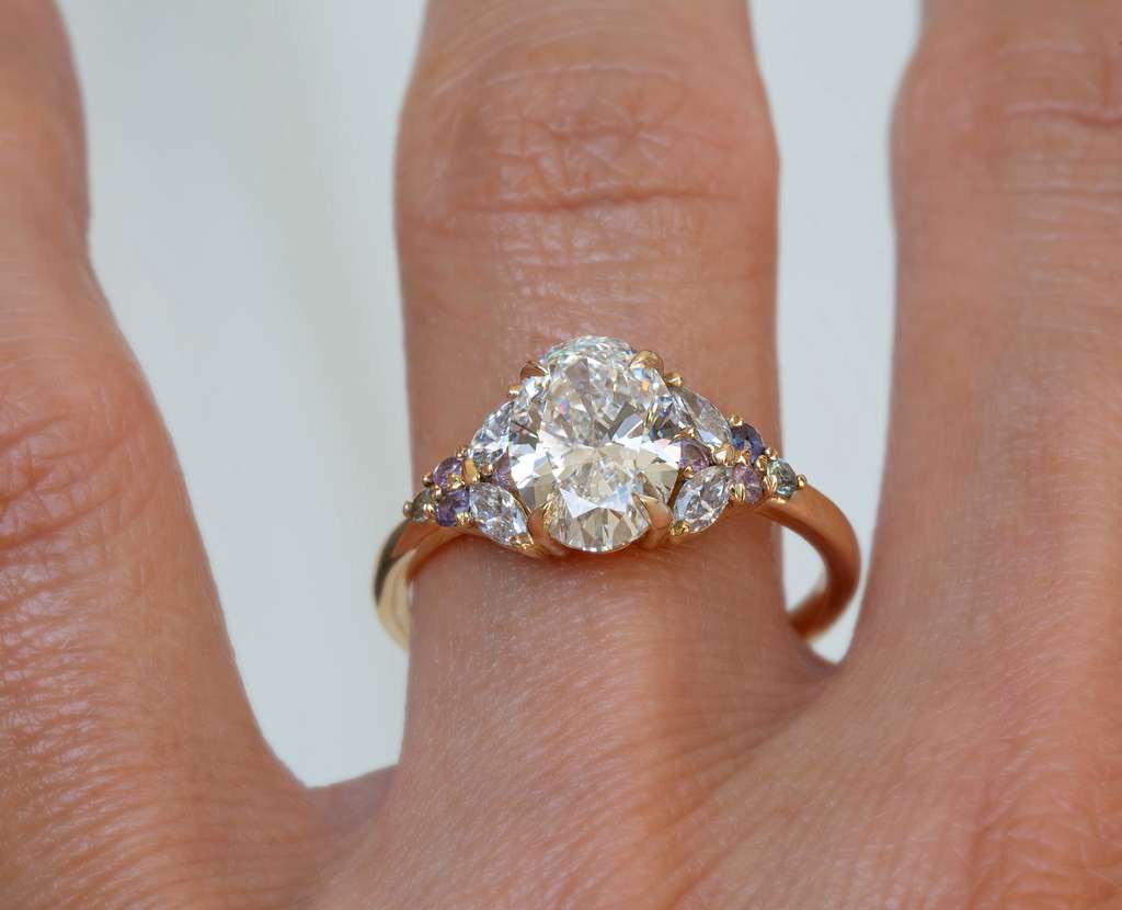 Floral Lab Grown Diamond Engagement Ring with Multicolored Sapphires in 14K Gold Nature Inspired Oval Diamond Ring