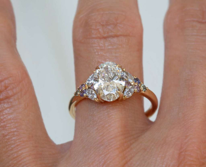 Floral Lab Grown Diamond Engagement Ring with Multicolored Sapphires in 14K Gold Nature Inspired Oval Diamond Ring
