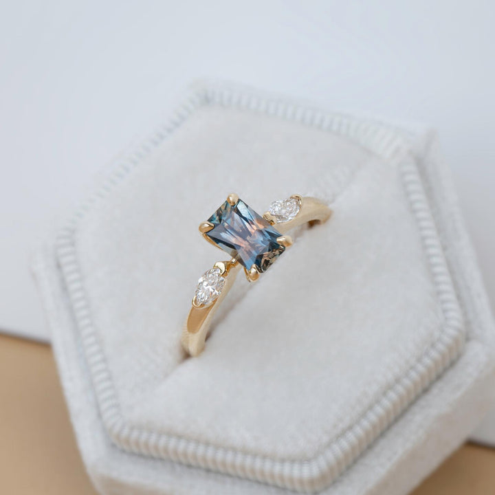 Three-Stone Emerald Cut Parti Color Montana Sapphire Ring w/ Lab-Grown Marquise Diamonds 14K Gold