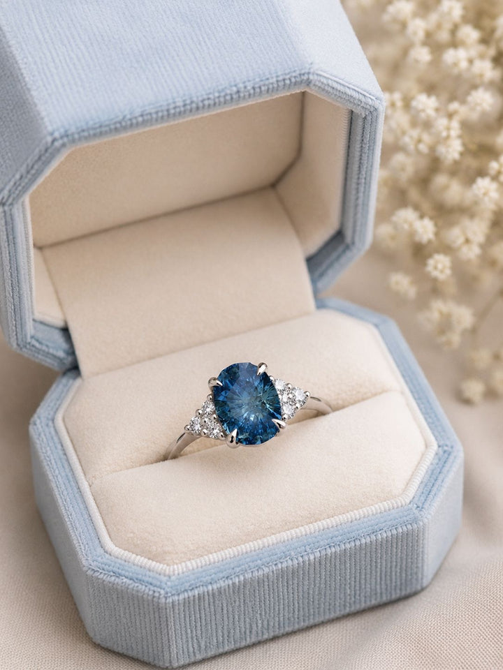 Aqua Blue Montana Sapphire Engagement Ring with Diamonds in 14K Gold - Oval Montana Sapphire Ring - Alternative Engagement Ring