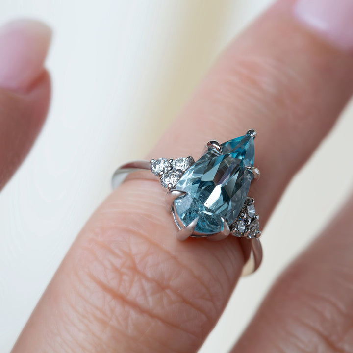 Pear Light Blue Aquamarine and Diamond Ring 14K Gold