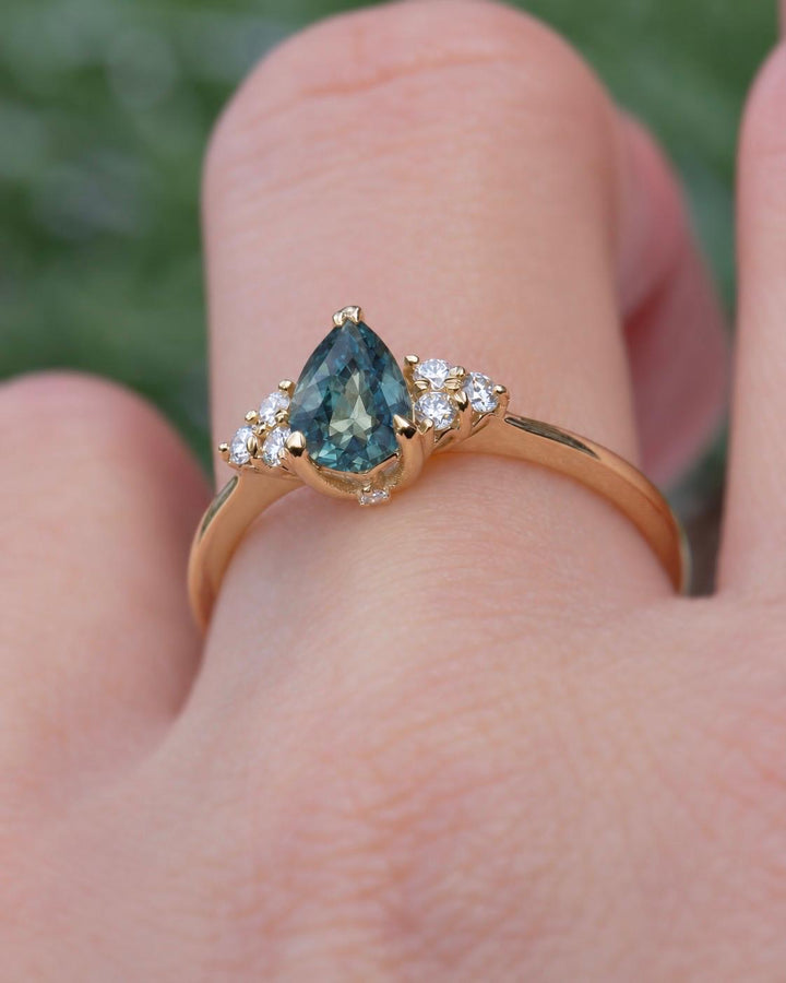 Pear Cut Teal Montana Sapphire and Diamond Engagement Ring in 14K Gold Natural Blue Green Sapphire Ring