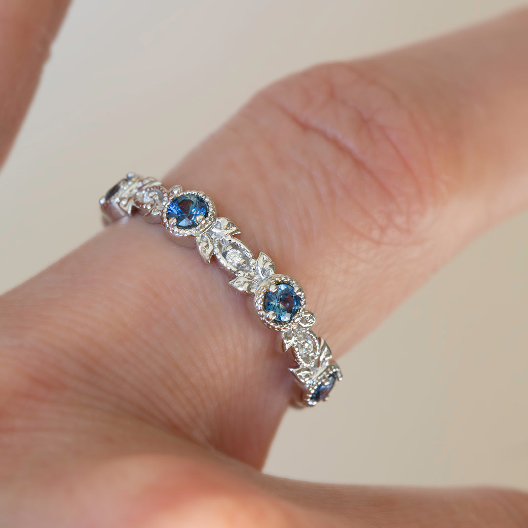 Nature Inspired Montana Sapphire Wedding Band – Teal Blue Sapphire and Diamond Leaf Ring in 14K Gold