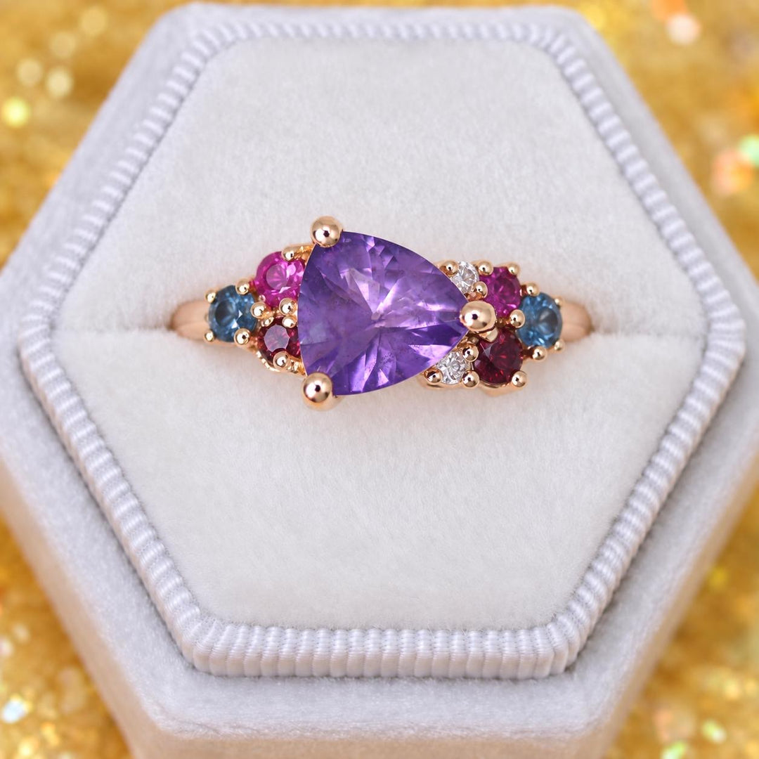Trillion Cut Purple Sapphire Multi Stone Cluster Engagement Ring in 14K Gold