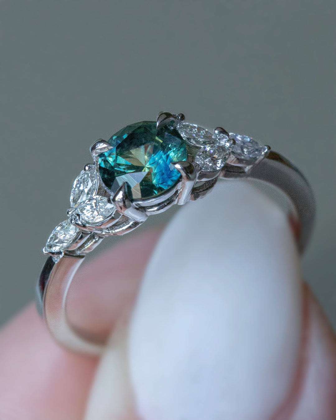 Teal Montana Sapphire Ring with Marquise Diamonds 14K White Gold, Cluster Engagement Ring