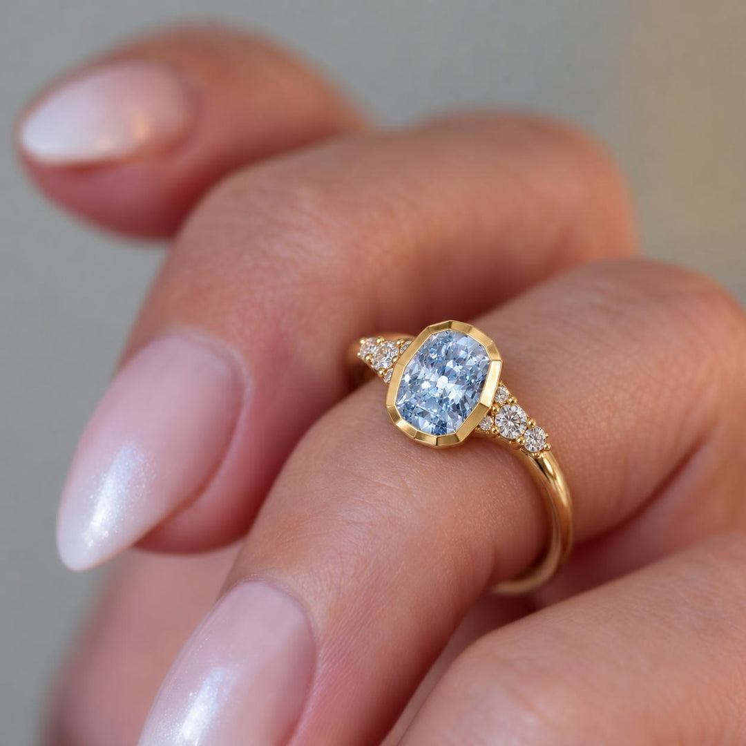 Lab Grown Fancy Vivid Blue Elongated Cushion Diamond Engagement Ring in 14K Gold|Bezel Set Diamond Ring