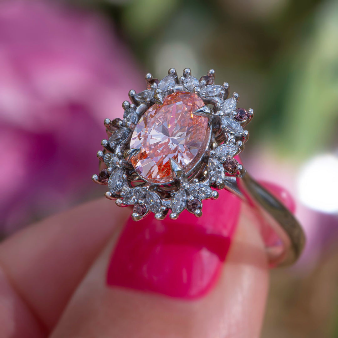 Floral Engagement Ring w/ Oval Pink Diamond and Padparadscha Sapphires 14K Gold