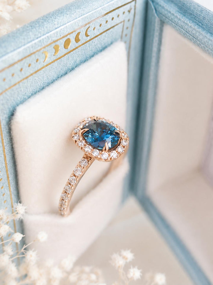 Blue Green Oval Montana Sapphire and Diamond Halo Engagement Ring in 14K Gold