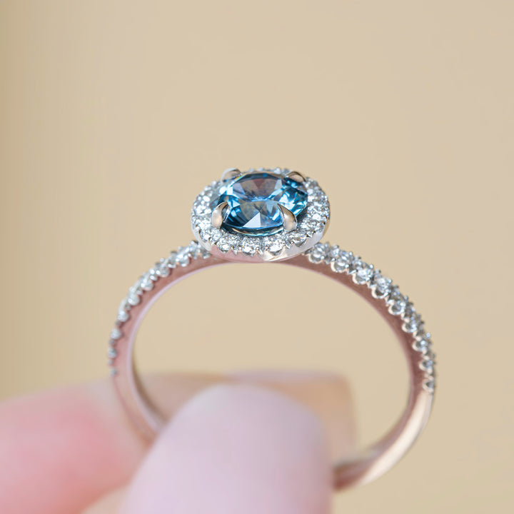 Montana Sapphire Ring With Diamonds, Montana Sapphire Engagement Ring, Montana Sapphire and Diamond Halo Engagement Ring
