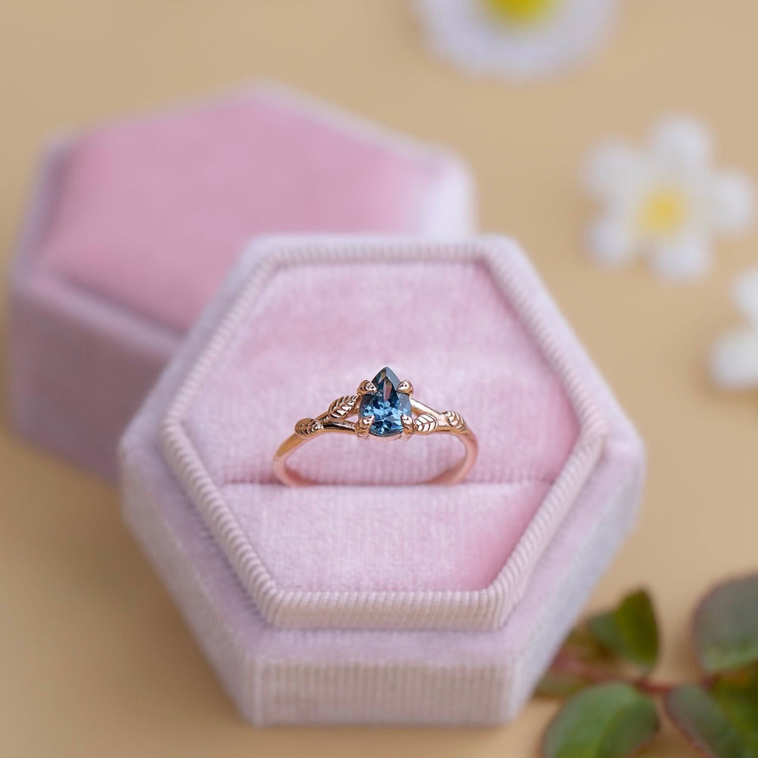 Leaf Engagement Ring with Teal Montana Sapphire 14K Gold