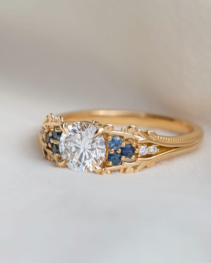 Mira Nature Inspired Diamond Engagement Ring w/ Teal Sapphires 14K Gold