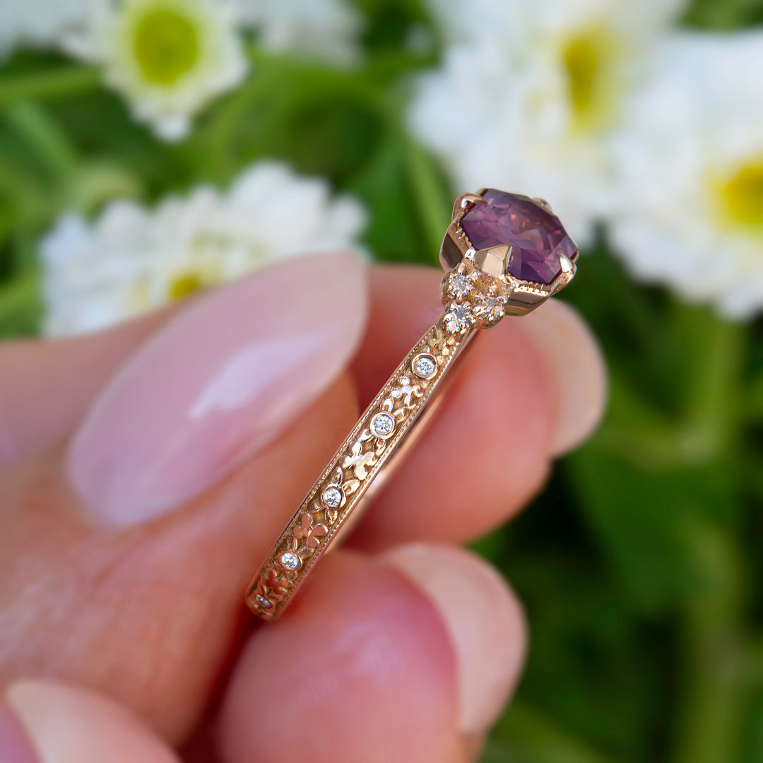 Emerald Cut Opalescent Pink Sapphire Floral Engagement Ring – Hand Carved Nature Inspired Ring 14K Gold