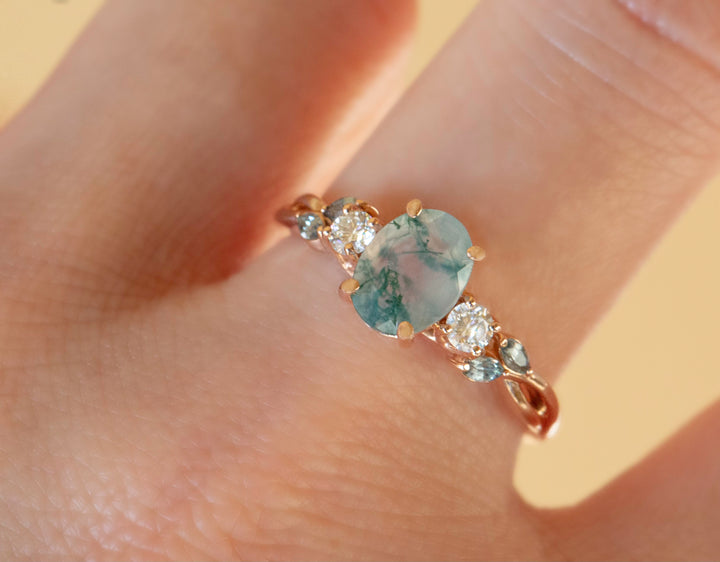 Nature Inspired Moss Agate Engagement Ring w/ Diamonds and Marquise Green Sapphires 14K Gold