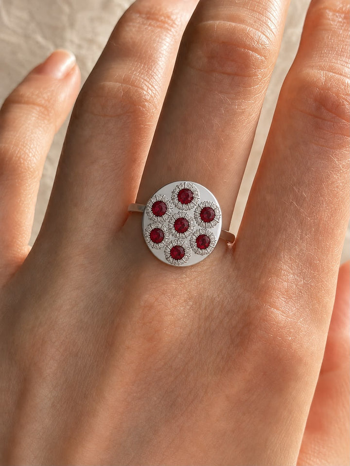 Red Spinel and Diamond Floral Daisy Statement Ring in 14K Gold