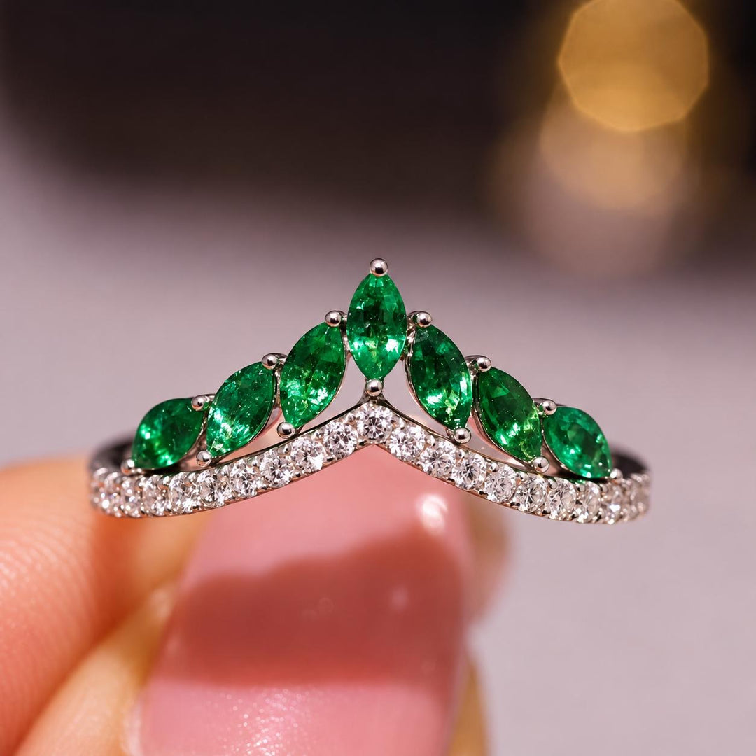 Natural Emerald and Diamond Contour Wedding Band in 18K Gold Marquise Emerald Curved Wedding Ring