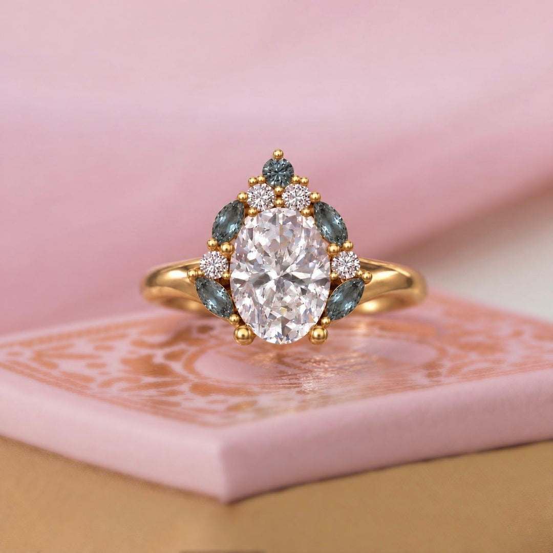 Oval Lab Grown Diamond and Greyish Green Sapphire Engagement Ring in 14K Gold Unique Diamond Cluster Ring
