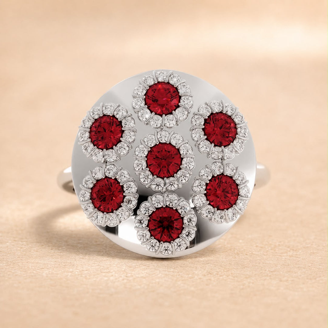 Red Spinel and Diamond Floral Daisy Statement Ring in 14K Gold