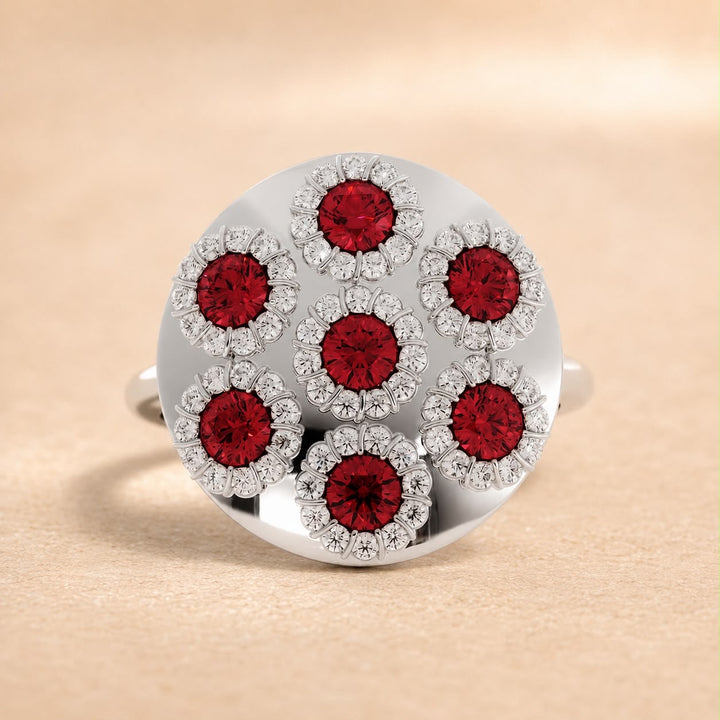Red Spinel and Diamond Floral Daisy Statement Ring in 14K Gold