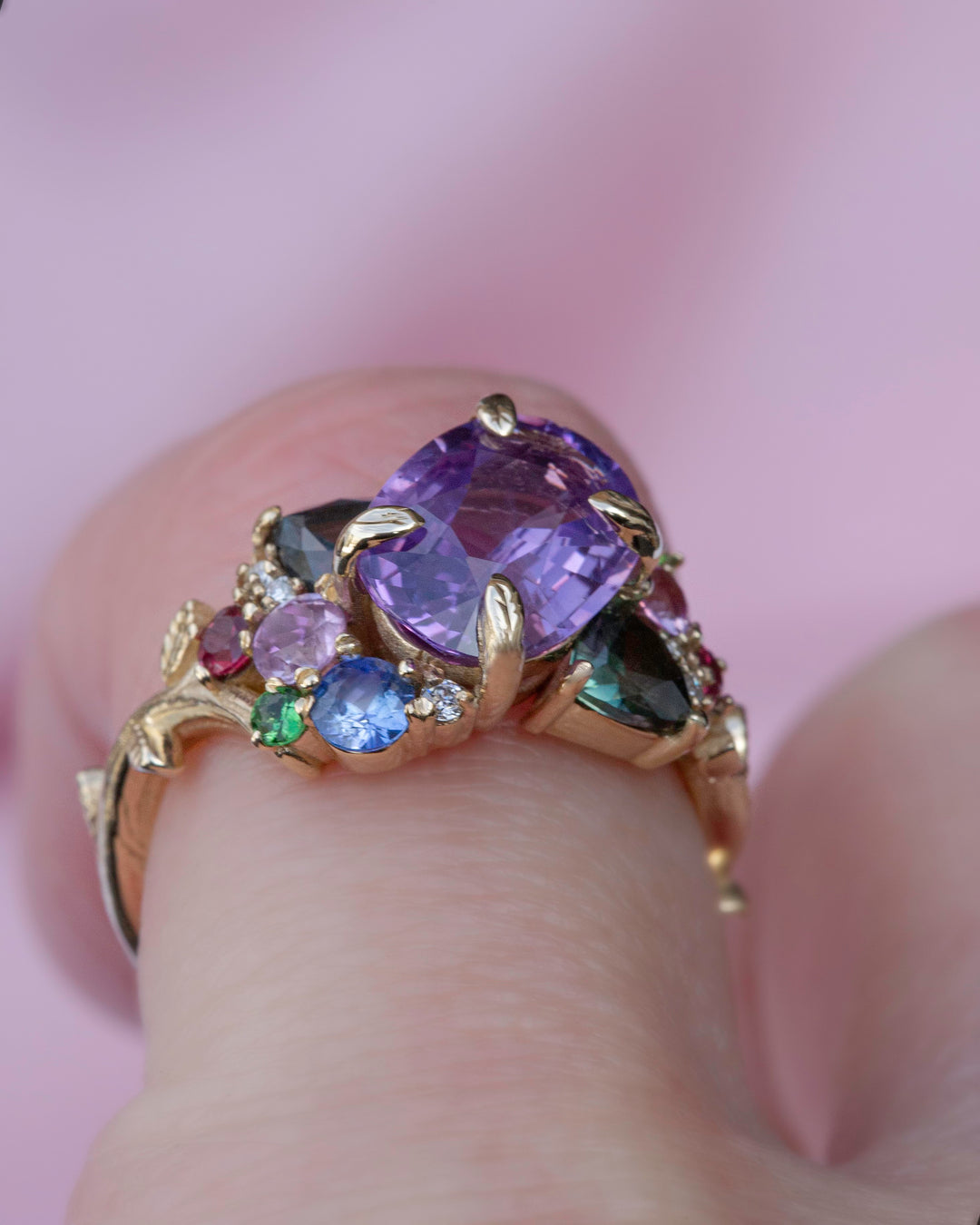 “Tara” Purple Sapphire Cluster Ring 14K Rose Gold,Tsavorite Garnet Ring,Floral Engagement Ring