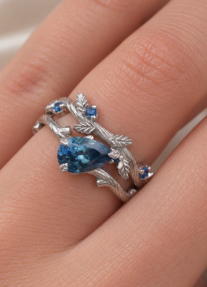 Twig Leaf Engagement Ring Set with Pear Cut Teal Blue Montana Sapphire in 14K Gold