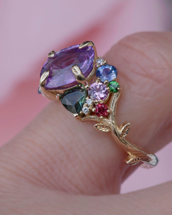 “Tara” Purple Sapphire Cluster Ring 14K Rose Gold,Tsavorite Garnet Ring,Floral Engagement Ring