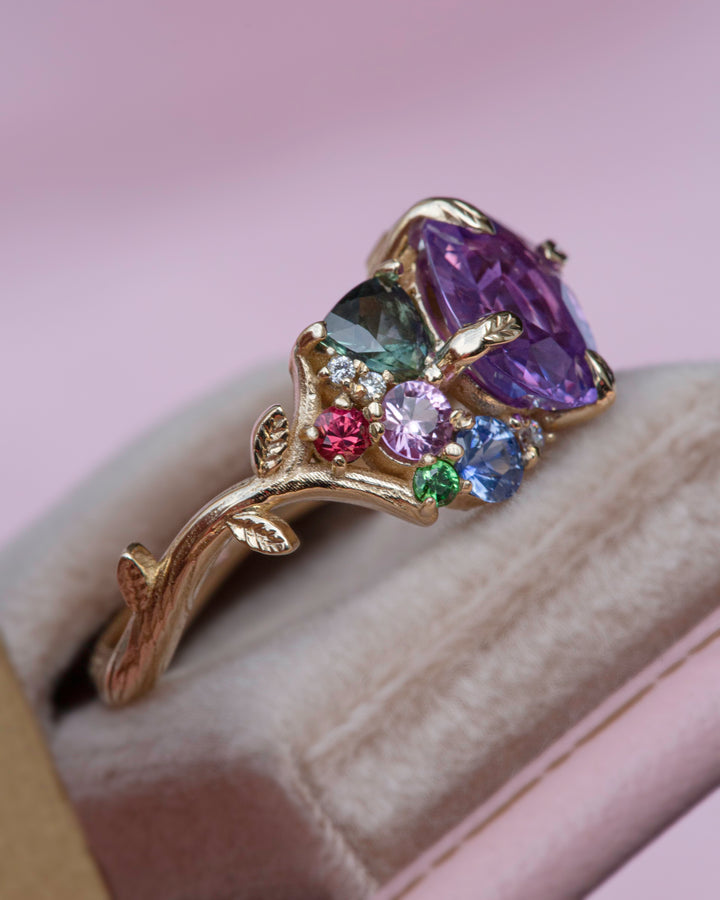 “Tara” Purple Sapphire Cluster Ring 14K Rose Gold,Tsavorite Garnet Ring,Floral Engagement Ring